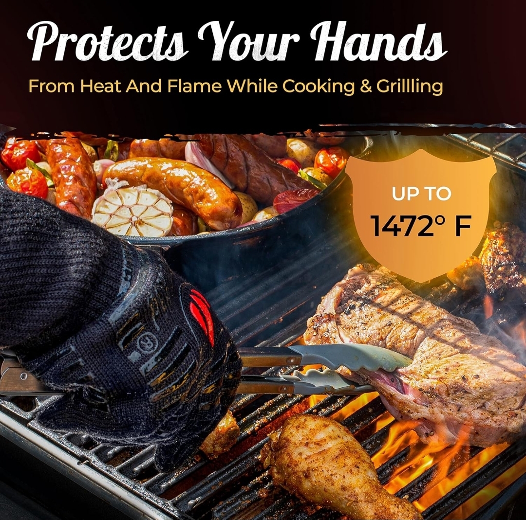 Grill Heat Aid BBQ gloves protecting hands from heat and flame while grilling up to 1472°F