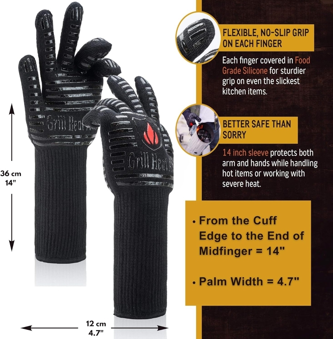 Grill Heat Aid BBQ gloves with flexible no-slip silicone grip and 14-inch heat-resistant sleeve
