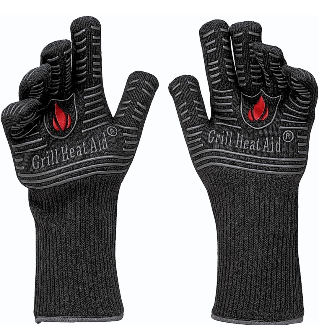 Grill Heat Aid BBQ gloves pair showing front and back with silicone grip pattern