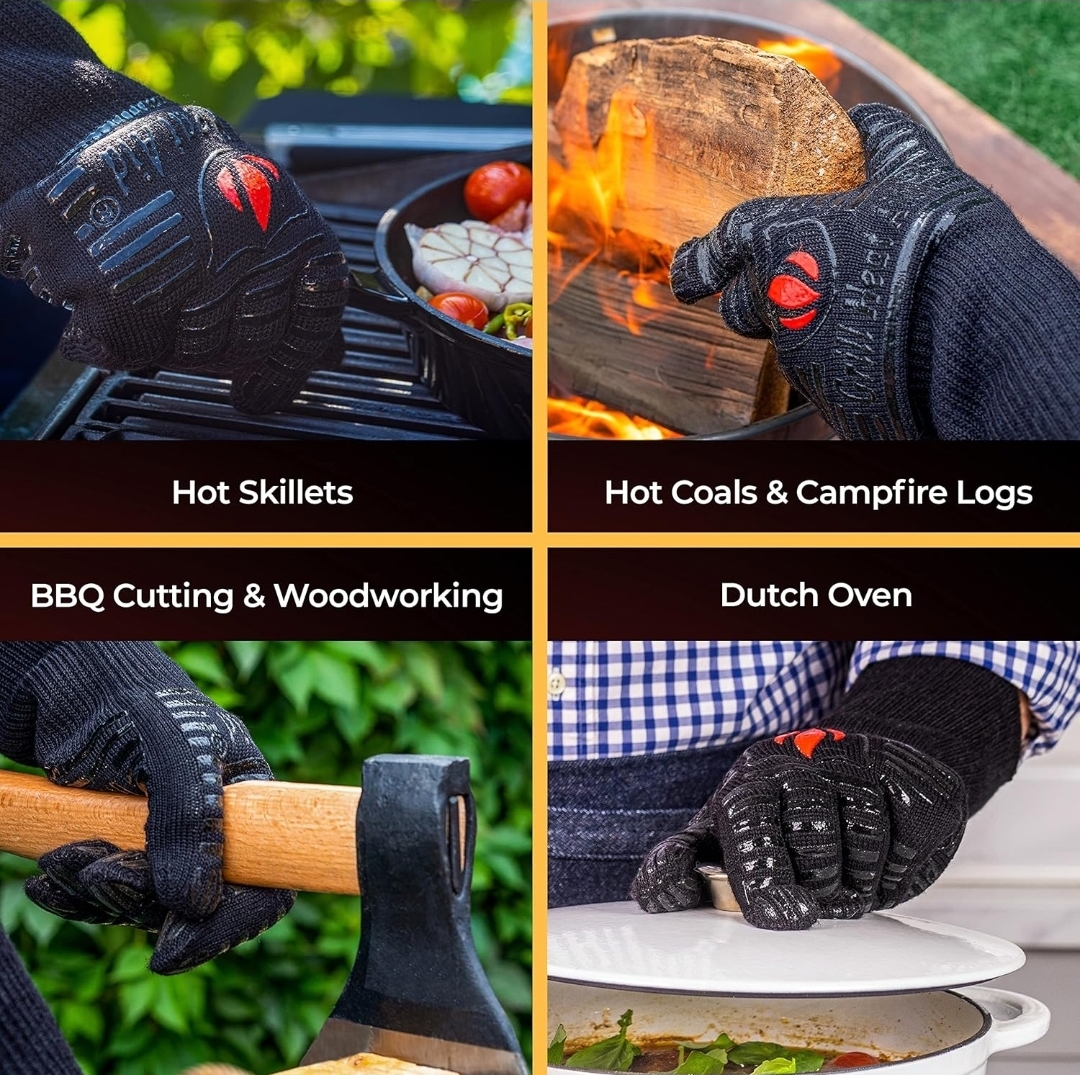 Grill Heat Aid BBQ gloves used for hot skillets, campfire logs, BBQ cutting, and Dutch oven