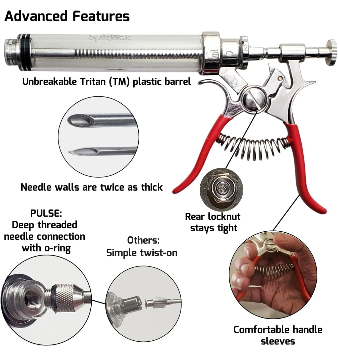 SpitJack Pulse meat injector advanced features including Tritan barrel and threaded needle connection
